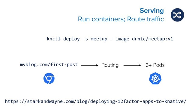 knctl deploy -s meetup --image drnic/meetup:v1
Serving 
Run containers; Route traﬃc
myblog.com/first-post Routing 3+ Pods
https://starkandwayne.com/blog/deploying-12factor-apps-to-knative/
ɂ
