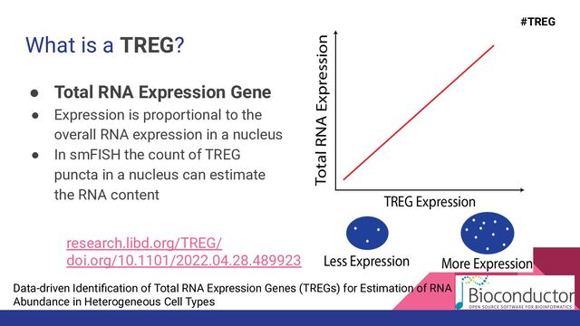 What is a TREG?
● Total RNA Expression Gene
● Expression is proportional to the
overall RNA expression in a nucleus
● In smFISH the count of TREG
puncta in a nucleus can estimate
the RNA content
Data-driven Identiﬁcation of Total RNA Expression Genes (TREGs) for Estimation of RNA
Abundance in Heterogeneous Cell Types
research.libd.org/TREG/
doi.org/10.1101/2022.04.28.489923
#TREG
