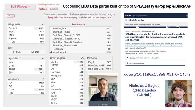 doi.org/10.1186/s12859-021-04142-3
Nicholas J Eagles
@Nick-Eagles
(GitHub)
Upcoming LIBD Data portal built on top of SPEAQeasy & PopTop & BiocMAP
