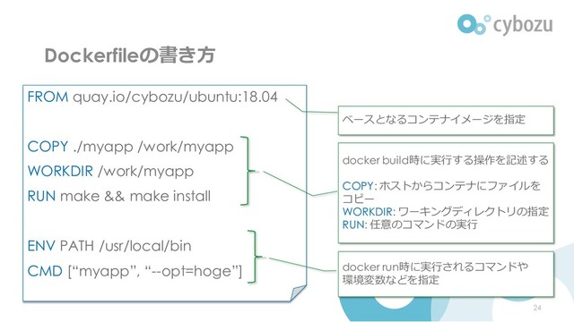 Dockerfileの書き方
FROM quay.io/cybozu/ubuntu:18.04
COPY ./myapp /work/myapp
WORKDIR /work/myapp
RUN make && make install
ENV PATH /usr/local/bin
CMD [“myapp”, “--opt=hoge”]
ベースとなるコンテナイメージを指定
docker build時に実行する操作を記述する
COPY: ホストからコンテナにファイルを
コピー
WORKDIR: ワーキングディレクトリの指定
RUN: 任意のコマンドの実行
docker run時に実行されるコマンドや
環境変数などを指定
24

