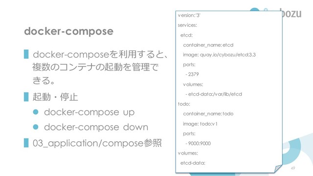 docker-compose
▌docker-composeを利用すると、
複数のコンテナの起動を管理で
きる。
▌起動・停止
⚫ docker-compose up
⚫ docker-compose down
▌03_application/compose参照
49
version: '3'
services:
etcd:
container_name: etcd
image: quay.io/cybozu/etcd:3.3
ports:
- 2379
volumes:
- etcd-data:/var/lib/etcd
todo:
container_name: todo
image: todo:v1
ports:
- 9000:9000
volumes:
etcd-data:
