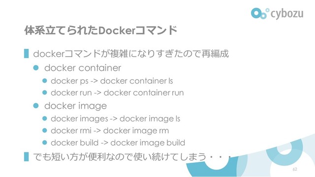 体系立てられたDockerコマンド
▌dockerコマンドが複雑になりすぎたので再編成
⚫ docker container
⚫ docker ps -> docker container ls
⚫ docker run -> docker container run
⚫ docker image
⚫ docker images -> docker image ls
⚫ docker rmi -> docker image rm
⚫ docker build -> docker image build
▌でも短い方が便利なので使い続けてしまう・・・
62
