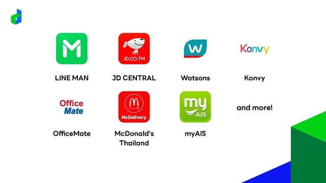 LINE MAN JD CENTRAL Watsons Konvy
myAIS
McDonald's
Thailand
OfficeMate
and more!
