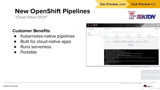 Dev Preview June
New OpenShift Pipelines
"Cloud native CI/CD"
Customer Beneﬁts
● Kubernetes-native pipelines
● Built for cloud-native apps
● Runs serverless
● Portable
Tech Preview 4.2
