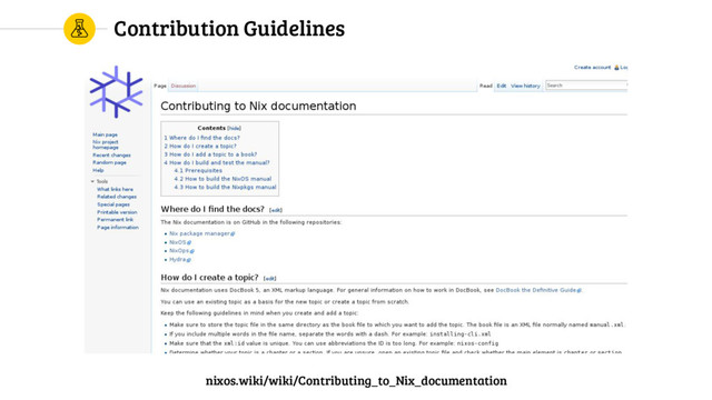 Contribution Guidelines
nixos.wiki/wiki/Contributing_to_Nix_documentation
