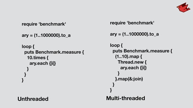 require 'benchmark'
ary = (1..1000000).to_a
loop {
puts Benchmark.measure {
10.times {
ary.each {|i|}
}
}
}
Unthreaded
require 'benchmark'
ary = (1..1000000).to_a
loop {
puts Benchmark.measure {
(1..10).map {
Thread.new {
ary.each {|i|}
}
}.map(&:join)
}
}
Multi-threaded
