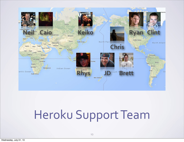 Heroku	  Support	  Team
10
Neil Caio Keiko
Rhys JD Brett
Clint
Ryan
Chris
Wednesday, July 31, 13
