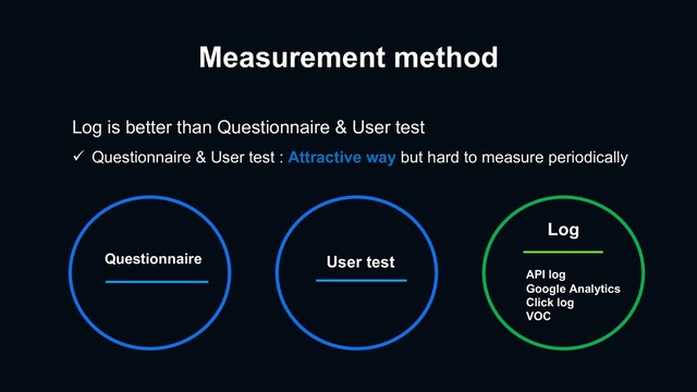 Measurement method
Log is better than Questionnaire & User test
ü Questionnaire & User test : Attractive way but hard to measure periodically
Questionnaire User test
API log
Google Analytics
Click log
VOC
Log
