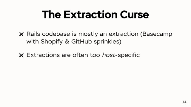 Rails codebase is mostly an extraction (Basecamp
with Shopify & GitHub sprinkles)
Extractions are often too host-speciﬁc
14
The Extraction Curse
