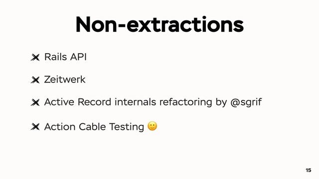 Non-extractions
Rails API
Zeitwerk
Active Record internals refactoring by @sgrif
Action Cable Testing 🙂
15
