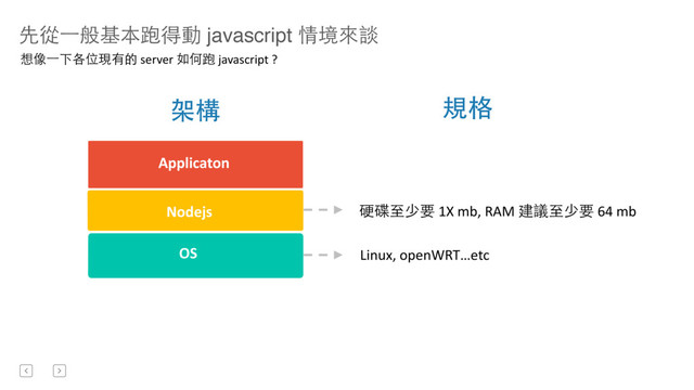 先從⼀一般基本跑得動 javascript 情境來談
Nodejs
OS	  
Applicaton
想像⼀一下各位現有的	  server	  如何跑	  javascript	  ?	  
規格
架構
Linux,	  openWRT…etc
硬碟⾄至少要	  1X	  mb,	  RAM	  建議⾄至少要	  64	  mb
