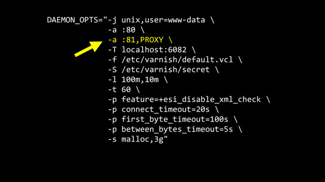 DAEMON_OPTS="-j unix,user=www-data \
-a :80 \
-a :81,PROXY \
-T localhost:6082 \
-f /etc/varnish/default.vcl \
-S /etc/varnish/secret \
-l 100m,10m \
-t 60 \
-p feature=+esi_disable_xml_check \
-p connect_timeout=20s \
-p first_byte_timeout=100s \
-p between_bytes_timeout=5s \
-s malloc,3g"
