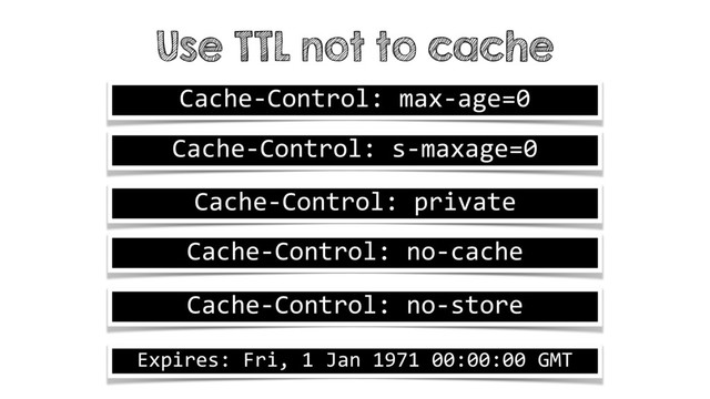 Use TTL not to cache
Cache-Control: max-age=0
Cache-Control: s-maxage=0
Cache-Control: private
Cache-Control: no-cache
Cache-Control: no-store
Expires: Fri, 1 Jan 1971 00:00:00 GMT
