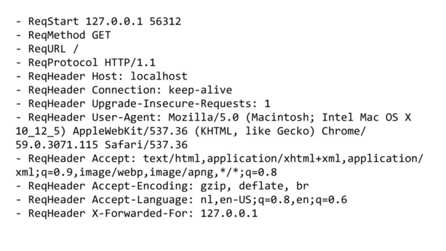 - ReqStart 127.0.0.1 56312
- ReqMethod GET
- ReqURL /
- ReqProtocol HTTP/1.1
- ReqHeader Host: localhost
- ReqHeader Connection: keep-alive
- ReqHeader Upgrade-Insecure-Requests: 1
- ReqHeader User-Agent: Mozilla/5.0 (Macintosh; Intel Mac OS X
10_12_5) AppleWebKit/537.36 (KHTML, like Gecko) Chrome/
59.0.3071.115 Safari/537.36
- ReqHeader Accept: text/html,application/xhtml+xml,application/
xml;q=0.9,image/webp,image/apng,*/*;q=0.8
- ReqHeader Accept-Encoding: gzip, deflate, br
- ReqHeader Accept-Language: nl,en-US;q=0.8,en;q=0.6
- ReqHeader X-Forwarded-For: 127.0.0.1
