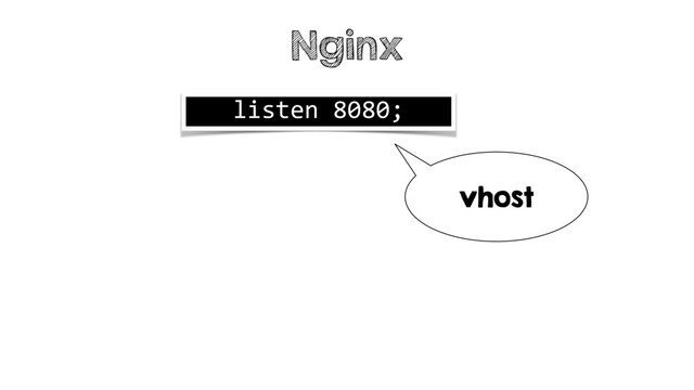 listen 8080;
Nginx
vhost
