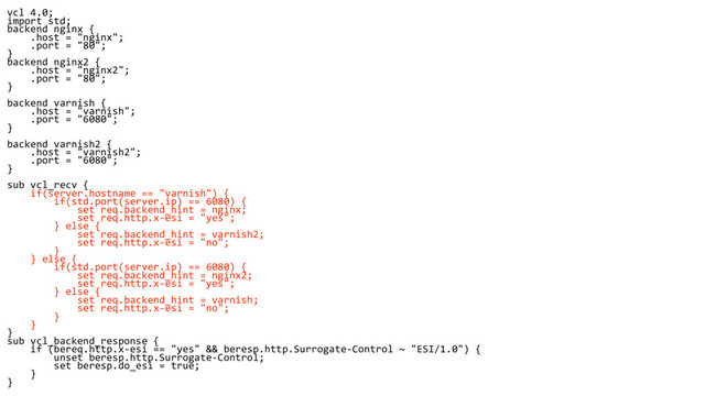 vcl 4.0;
import std;
backend nginx {
.host = "nginx";
.port = "80";
}
backend nginx2 {
.host = "nginx2";
.port = "80";
}
backend varnish {
.host = "varnish";
.port = "6080";
}
backend varnish2 {
.host = "varnish2";
.port = "6080";
}
sub vcl_recv {
if(server.hostname == "varnish") {
if(std.port(server.ip) == 6080) {
set req.backend_hint = nginx;
set req.http.x-esi = "yes";
} else {
set req.backend_hint = varnish2;
set req.http.x-esi = "no";
}
} else {
if(std.port(server.ip) == 6080) {
set req.backend_hint = nginx2;
set req.http.x-esi = "yes";
} else {
set req.backend_hint = varnish;
set req.http.x-esi = "no";
}
}
}
sub vcl_backend_response {
if (bereq.http.x-esi == "yes" && beresp.http.Surrogate-Control ~ "ESI/1.0") {
unset beresp.http.Surrogate-Control;
set beresp.do_esi = true;
}
}
