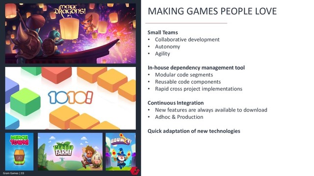 MAKING GAMES PEOPLE LOVE
Small Teams
• Collaborative development
• Autonomy
• Agility
In-house dependency management tool
• Modular code segments
• Reusable code components
• Rapid cross project implementations
Continuous Integration
• New features are always available to download
• Adhoc & Production
Quick adaptation of new technologies
Gram Games | 03
