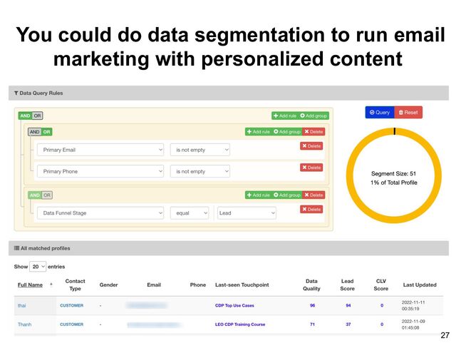 You could do data segmentation to run email
marketing with personalized content
27
