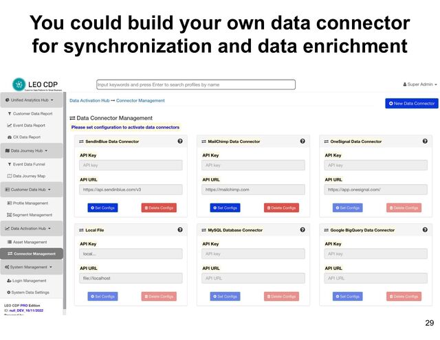 You could build your own data connector
for synchronization and data enrichment
29
