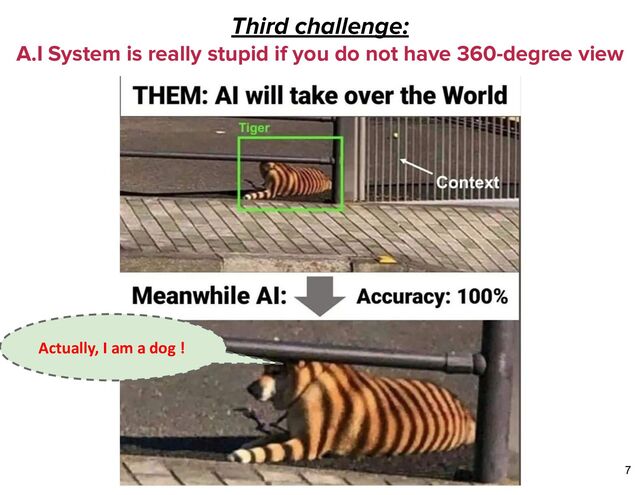 Third challenge:
A.I System is really stupid if you do not have 360-degree view
Actually, I am a dog !
7
