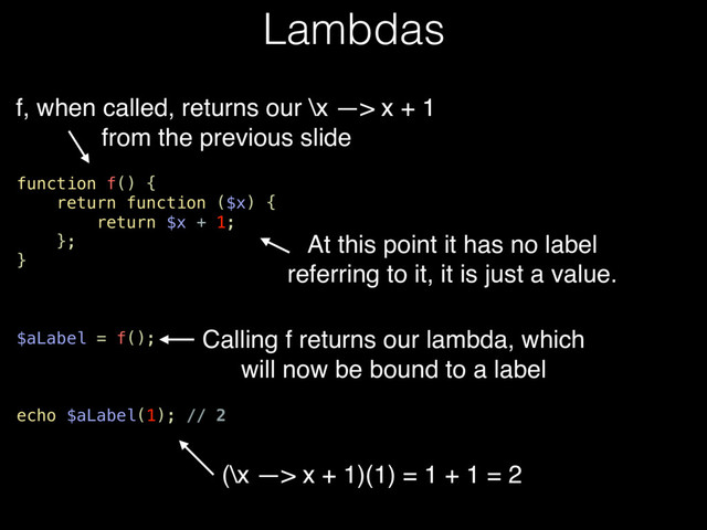 function f() {
return function ($x) {
return $x + 1;
};
}
$aLabel = f();
echo $aLabel(1); // 2
Lambdas
Calling f returns our lambda, which
will now be bound to a label
(\x —> x + 1)(1) = 1 + 1 = 2
At this point it has no label
referring to it, it is just a value.
f, when called, returns our \x —> x + 1
from the previous slide
