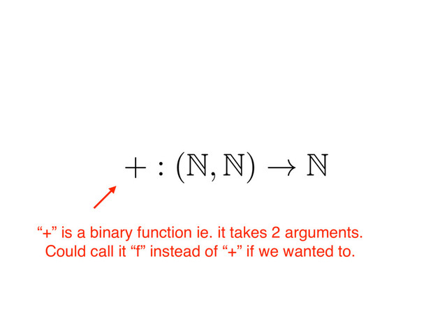 “+” is a binary function ie. it takes 2 arguments.
Could call it “f” instead of “+” if we wanted to.
+ : (N, N) ! N
