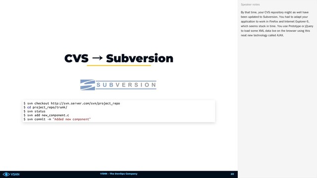 VSHN – The DevOps Company
CVS → Subversion
$ svn checkout http://svn.server.com/svn/project_repo
$ cd project_repo/trunk/
$ svn status
$ svn add new_component.c
$ svn commit -m "Added new component"
By that time, your CVS repository might as well have
been updated to Subversion. You had to adapt your
application to work in Firefox and Internet Explorer 6,
which seems stuck in time. You use Prototype or jQuery
to load some XML data live on the browser using this
neat new technology called AJAX.
Speaker notes
20
