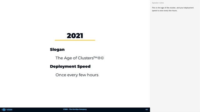 VSHN – The DevOps Company
Slogan
The Age of Clusters™®©
Deployment Speed
Once every few hours
2021
This is the age of the cluster, and your deployment
speed is once every few hours.
Speaker notes
46
