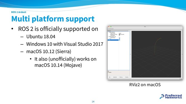 ROS 2 Ardent
Multi platform support
• ROS 2 is officially supported on
– Ubuntu 18.04
– Windows 10 with Visual Studio 2017
– macOS 10.12 (Sierra)
• It also (unofficially) works on
macOS 10.14 (Mojave)
14
RViz2 on macOS
