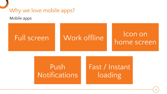 Full screen Work offline
Icon on
home screen
Push
Notifications
Fast / Instant
loading
4
Why we love mobile apps?
Mobile apps

