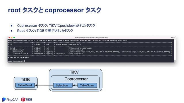● Coprocessor タスク: TiKVにpushdownされたタスク
● Root タスク: TiDBで実行されるタスク
root タスクと coprocessor タスク
