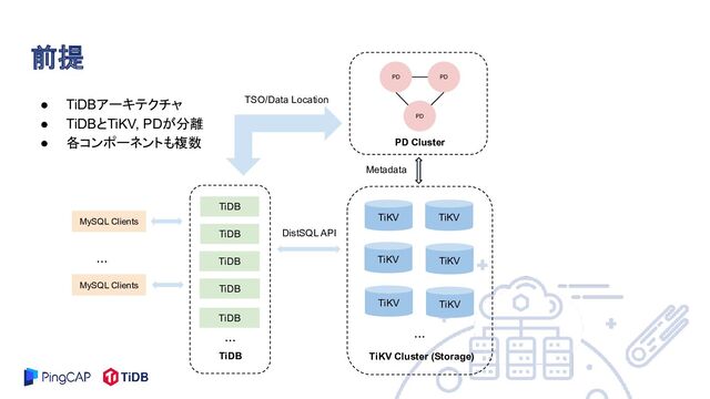 ● TiDBアーキテクチャ
● TiDBとTiKV, PDが分離
● 各コンポーネントも複数
前提
TiDB
TiDB
TiKV Cluster (Storage)
Metadata
TiKV TiKV
TiKV
MySQL Clients
TiKV
TiDB
TSO/Data Location
TiDB
TiDB
... ...
DistSQL API
PD
PD
PD Cluster
TiKV TiKV
TiDB
PD
MySQL Clients
...
