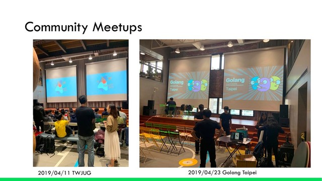 Community Meetups
2019/04/11 TWJUG 2019/04/23 Golang Taipei
