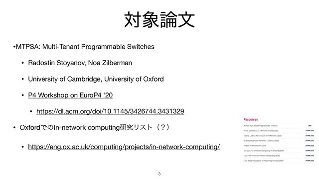ର৅࿦จ
•MTPSA: Multi-Tenant Programmable Switches 

• Radostin Stoyanov, Noa Zilberman 

• University of Cambridge, University of Oxford

• P4 Workshop on EuroP4 ‘20

• https://dl.acm.org/doi/10.1145/3426744.3431329

• OxfordͰͷIn-network computingݚڀϦετʢʁʣ

• https://eng.ox.ac.uk/computing/projects/in-network-computing/
3
