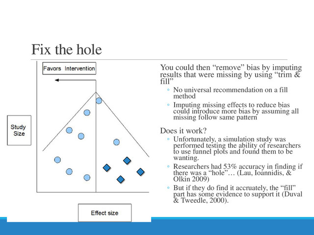 Fix the hole
You could then “remove” bias by imputing
results that were missing by using “trim &
fill”
◦ No universal recommendation on a fill
method
◦ Imputing missing effects to reduce bias
could introduce more bias by assuming all
missing follow same pattern
Does it work?
◦ Unfortunately, a simulation study was
performed testing the ability of researchers
to use funnel plots and found them to be
wanting.
◦ Researchers had 53% accuracy in finding if
there was a “hole”… (Lau, Ioannidis, &
Olkin 2009)
◦ But if they do find it accruately, the “fill”
part has some evidence to support it (Duval
& Tweedle, 2000).
