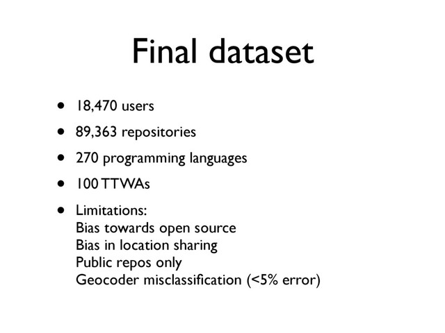 Final dataset
• 18,470 users
• 89,363 repositories
• 270 programming languages
• 100 TTWAs
• Limitations:
Bias towards open source
Bias in location sharing
Public repos only
Geocoder misclassiﬁcation (<5% error)
