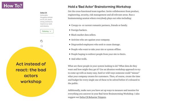 Act instead of
react: the bad
actors
workshop
How To?

