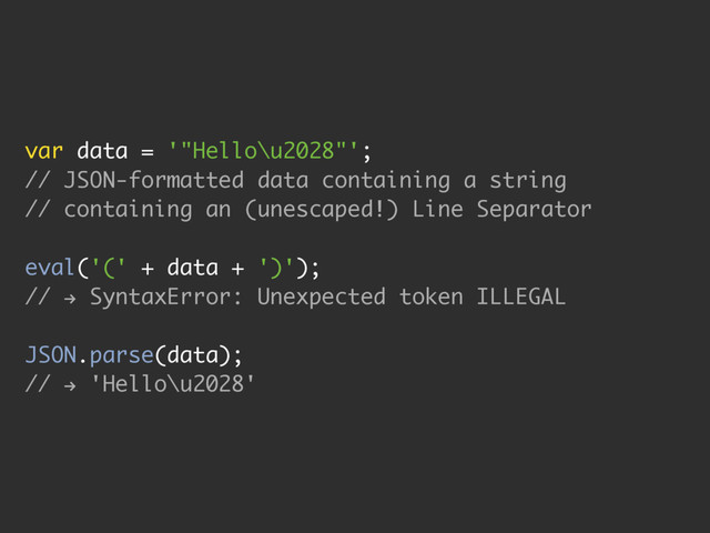 var data = '"Hello\u2028"';
// JSON-formatted data containing a string
// containing an (unescaped!) Line Separator
eval('(' + data + ')');
//
h
SyntaxError: Unexpected token ILLEGAL
JSON.parse(data);
//
h
'Hello\u2028'
