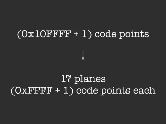 (0x10FFFF + 1) code points
↓
17 planes
(0xFFFF + 1) code points each

