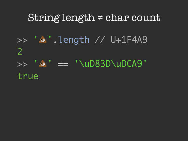 String length ≠ char count
>> '!'.length // U+1F4A9
2
>> '!' == '\uD83D\uDCA9'
true
