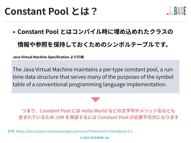 © - BASE, Inc.
Constant Pool
Constant Pool  
The Java Virtual Machine maintains a per-type constant pool, a run-
time data structure that serves many of the purposes of the symbol
table of a conventional programming language implementation.
Java Virtual Machine Specification :
: https://docs.oracle.com/javase/specs/jvms/se /html/jvms- .html#jvms- .
Constant Pool Hello World  
JVM Constant Pool
