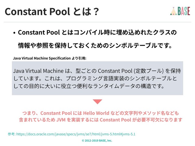 © - BASE, Inc.
Constant Pool
Constant Pool  
Java Virtual Machine Constant Pool ( )
Java Virtual Machine Specification :
: https://docs.oracle.com/javase/specs/jvms/se /html/jvms- .html#jvms- .
Constant Pool Hello World  
JVM Constant Pool

