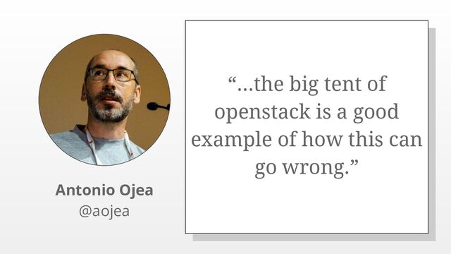 “...the big tent of
openstack is a good
example of how this can
go wrong.”
Antonio Ojea
@aojea

