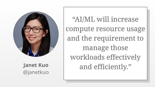 “AI/ML will increase
compute resource usage
and the requirement to
manage those
workloads effectively
and efficiently.”
Janet Kuo
@janetkuo
