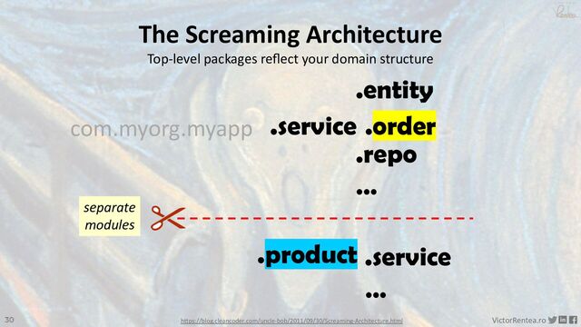 30 VictorRentea.ro
a training by
.service
com.myorg.myapp .order
.product .service
The Screaming Architecture
Top-level packages reﬂect your domain structure
.entity
.repo
…
…
separate
modules
h"ps://blog.cleancoder.com/uncle-bob/2011/09/30/Screaming-Architecture.html
