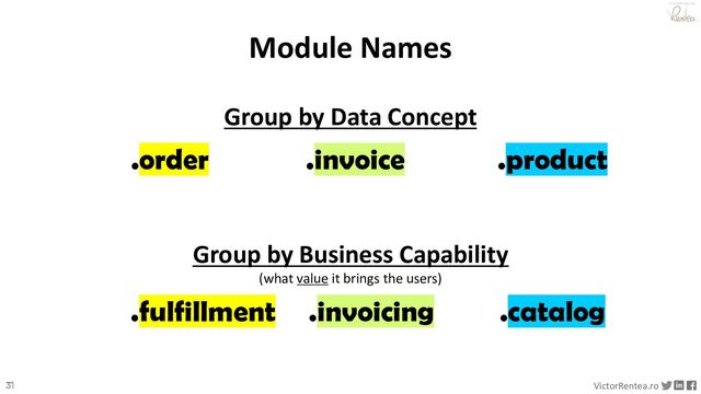 31 VictorRentea.ro
a training by
.order .product
.fulfillment .catalog
.invoice
.invoicing
Group by Business Capability
(what value it brings the users)
Group by Data Concept
Module Names
