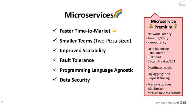 7 © VictorRentea.ro
a training by
Microservices🌈
ü Faster Time-to-Market ⭐
ü Smaller Teams (Two-Pizza-sized)
ü Improved Scalability
ü Fault Tolerance
ü Programming Language Agnos?c
ü Data Security
Microservice
💰 Premium 💰
- Network Latency
- Timeout/Retry
- Idempotency
- Load balancing
- Rate Limiter
- Bulkhead
- Circuit Breaker/503
- Distributed cache
- Log aggregaGon
- Request tracing
- Message queues
- k8s, Docker
- Mature DevOps culture
