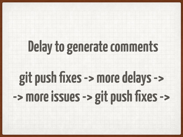 Delay to generate comments
git push ﬁxes -> more delays ->
-> more issues -> git push ﬁxes ->
