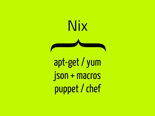 Nix
apt-get / yum
json + macros
puppet / chef
{
