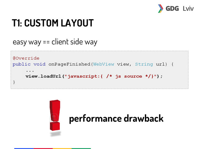 T1: CUSTOM LAYOUT
easy way == client side way
@Override
public void onPageFinished(WebView view, String url) {
...
view.loadUrl("javascript:{ /* js source */}");
}
performance drawback
